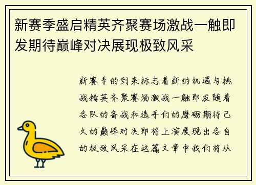 新赛季盛启精英齐聚赛场激战一触即发期待巅峰对决展现极致风采