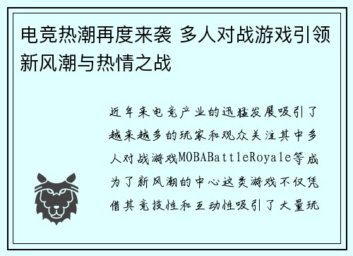 电竞热潮再度来袭 多人对战游戏引领新风潮与热情之战