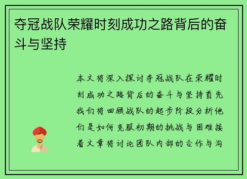 夺冠战队荣耀时刻成功之路背后的奋斗与坚持
