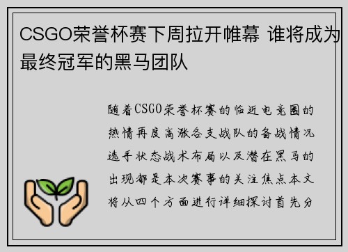 CSGO荣誉杯赛下周拉开帷幕 谁将成为最终冠军的黑马团队