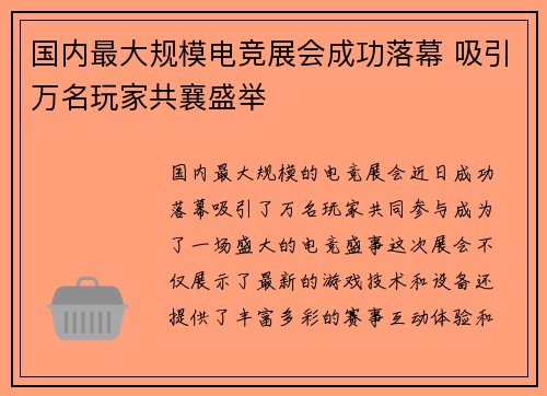 国内最大规模电竞展会成功落幕 吸引万名玩家共襄盛举