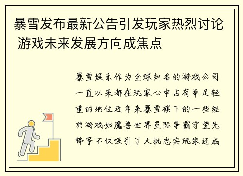 暴雪发布最新公告引发玩家热烈讨论 游戏未来发展方向成焦点