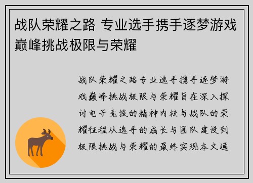 战队荣耀之路 专业选手携手逐梦游戏巅峰挑战极限与荣耀