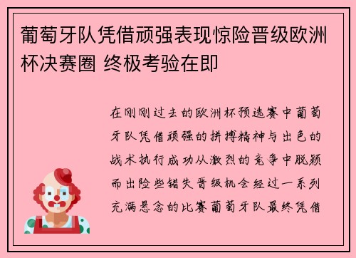 葡萄牙队凭借顽强表现惊险晋级欧洲杯决赛圈 终极考验在即
