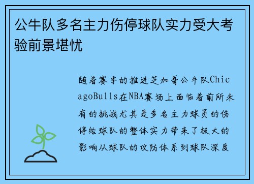 公牛队多名主力伤停球队实力受大考验前景堪忧