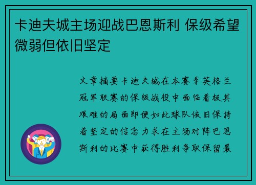 卡迪夫城主场迎战巴恩斯利 保级希望微弱但依旧坚定