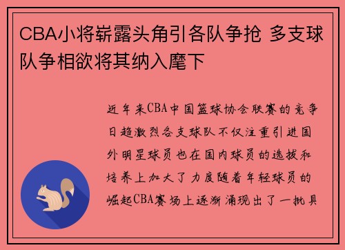 CBA小将崭露头角引各队争抢 多支球队争相欲将其纳入麾下