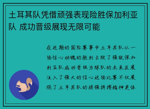 土耳其队凭借顽强表现险胜保加利亚队 成功晋级展现无限可能