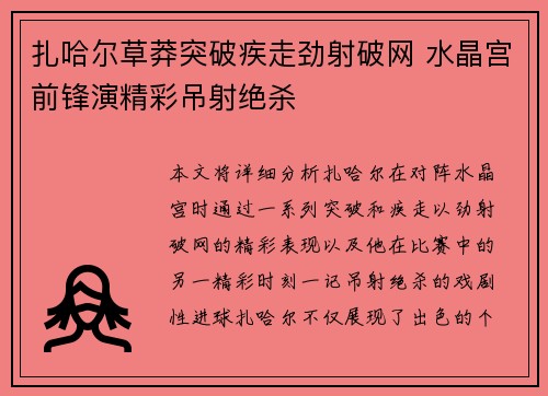 扎哈尔草莽突破疾走劲射破网 水晶宫前锋演精彩吊射绝杀