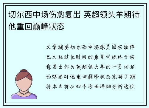 切尔西中场伤愈复出 英超领头羊期待他重回巅峰状态