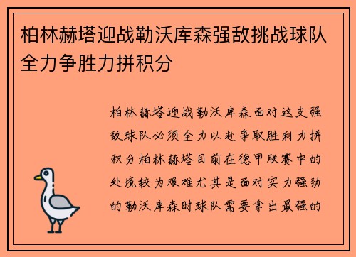 柏林赫塔迎战勒沃库森强敌挑战球队全力争胜力拼积分