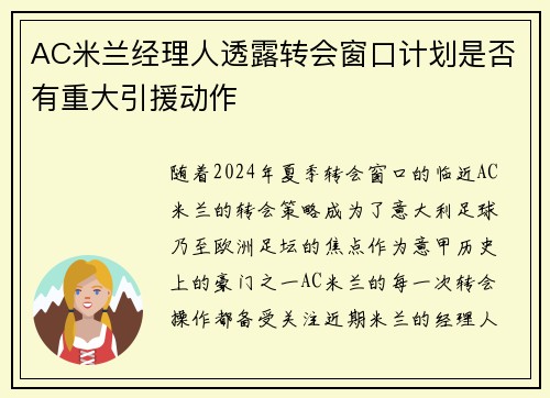 AC米兰经理人透露转会窗口计划是否有重大引援动作