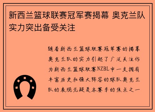 新西兰篮球联赛冠军赛揭幕 奥克兰队实力突出备受关注