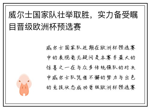 威尔士国家队壮举取胜，实力备受瞩目晋级欧洲杯预选赛
