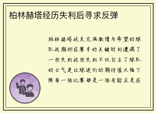 柏林赫塔经历失利后寻求反弹