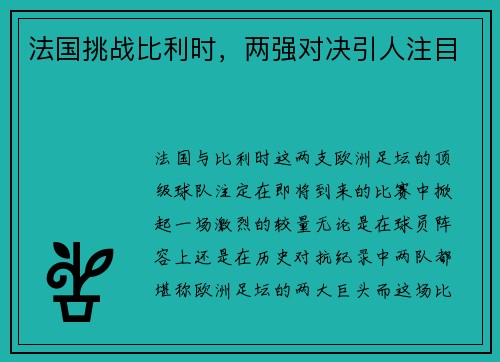 法国挑战比利时，两强对决引人注目