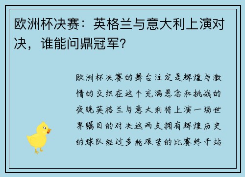 欧洲杯决赛：英格兰与意大利上演对决，谁能问鼎冠军？