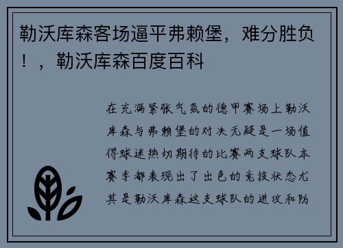 勒沃库森客场逼平弗赖堡，难分胜负！，勒沃库森百度百科