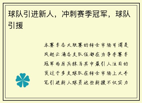 球队引进新人，冲刺赛季冠军，球队引援