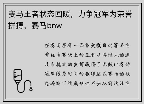 赛马王者状态回暖，力争冠军为荣誉拼搏，赛马bnw