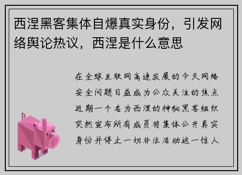 西涅黑客集体自爆真实身份，引发网络舆论热议，西涅是什么意思