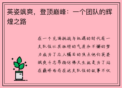 英姿飒爽，登顶巅峰：一个团队的辉煌之路