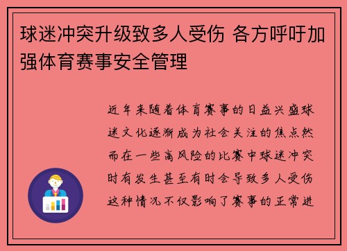 球迷冲突升级致多人受伤 各方呼吁加强体育赛事安全管理