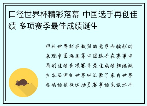 田径世界杯精彩落幕 中国选手再创佳绩 多项赛季最佳成绩诞生