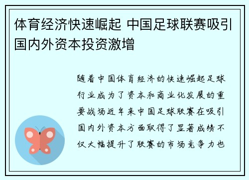 体育经济快速崛起 中国足球联赛吸引国内外资本投资激增