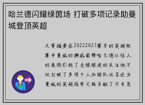 哈兰德闪耀绿茵场 打破多项记录助曼城登顶英超